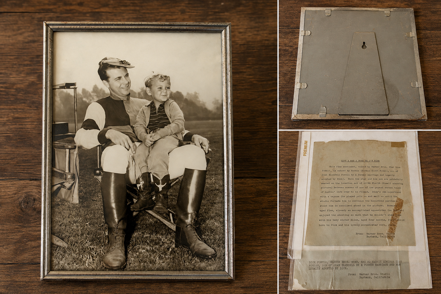 Vintage Framed Warner Bros. 
Publicity Photograph  Featuring Actor Dick Powell seated with his young son Norman