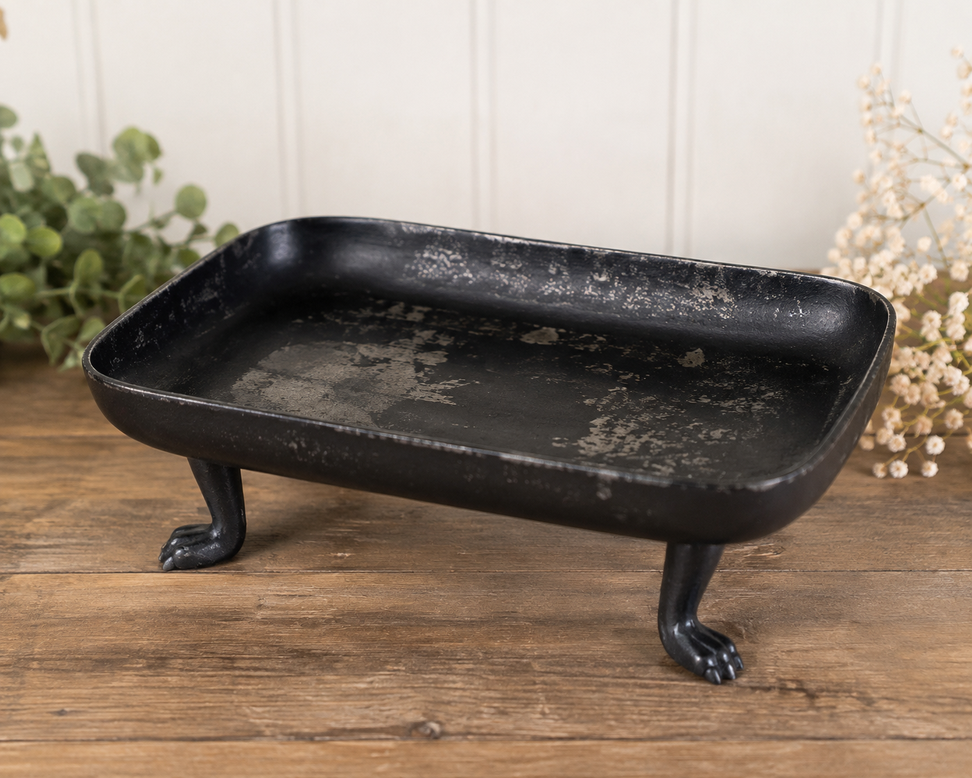 Vintage  black metal footed tray with paw feet