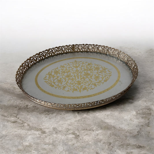 VTG Gold Metal and Glass Ornate Vanity Tray Floral MCM Hollywood Regency Oval