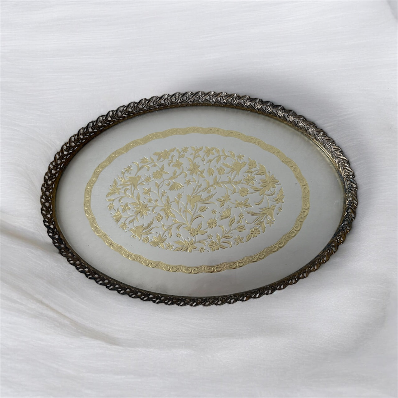 Vintage Gold Metal Glass Vanity Tray MCM Hollywood Regency Victorian Bird Floral