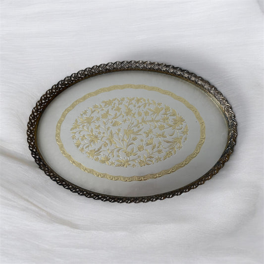 Vintage Gold Metal Glass Vanity Tray MCM Hollywood Regency Victorian Bird Floral