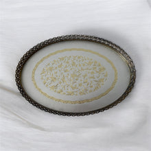 Load image into Gallery viewer, Vintage Gold Metal Glass Vanity Tray MCM Hollywood Regency Victorian Bird Floral
