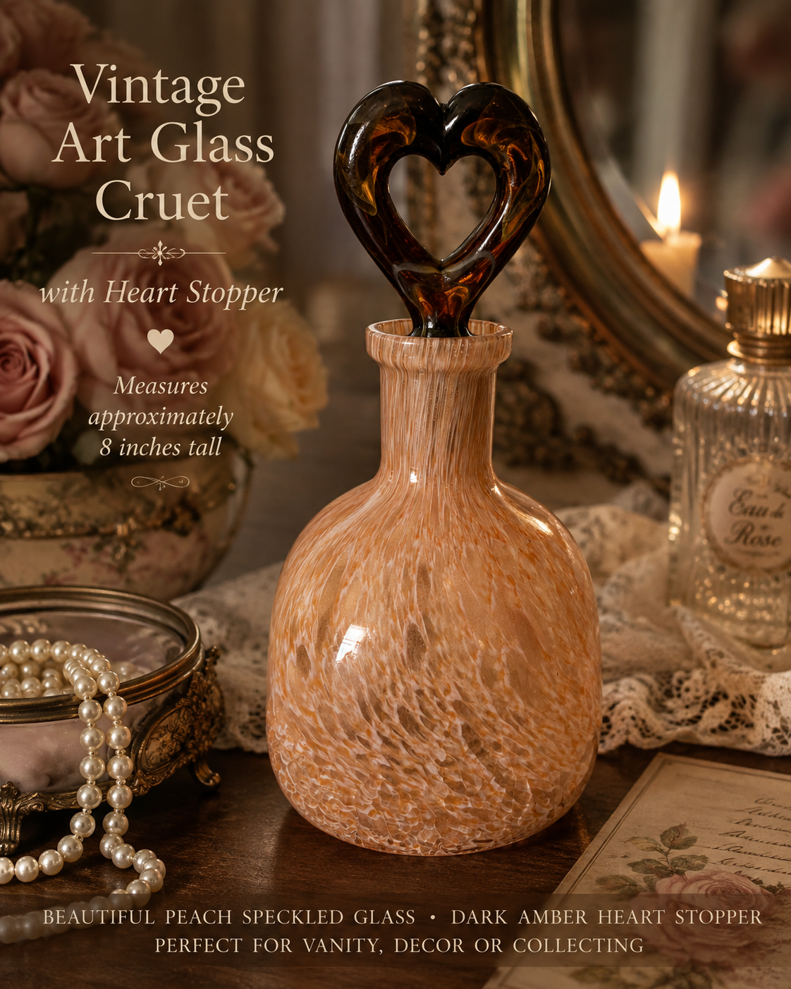 Art Glass Decanter, Cruet With Heart Shaped Stopper