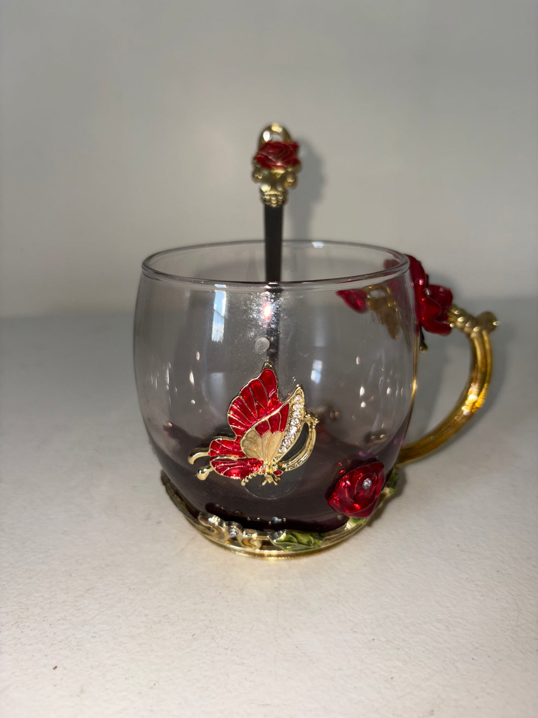 Tea Cup Coffee Mug With A Rose And Butterfly W/ Spoon