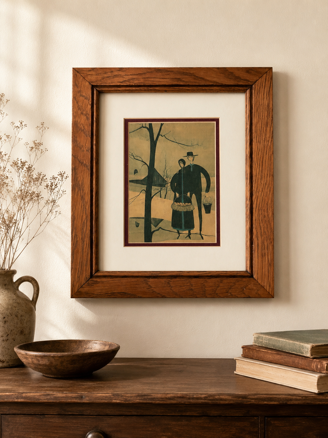 Vintage P. Buckley Moss Style / Attributed Folk Art Print – Oak Frame – 12” x 10”