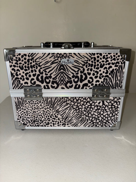 Modella Make Up Hard Case Black White Animal Print / Chrome with Handle Multi Layers