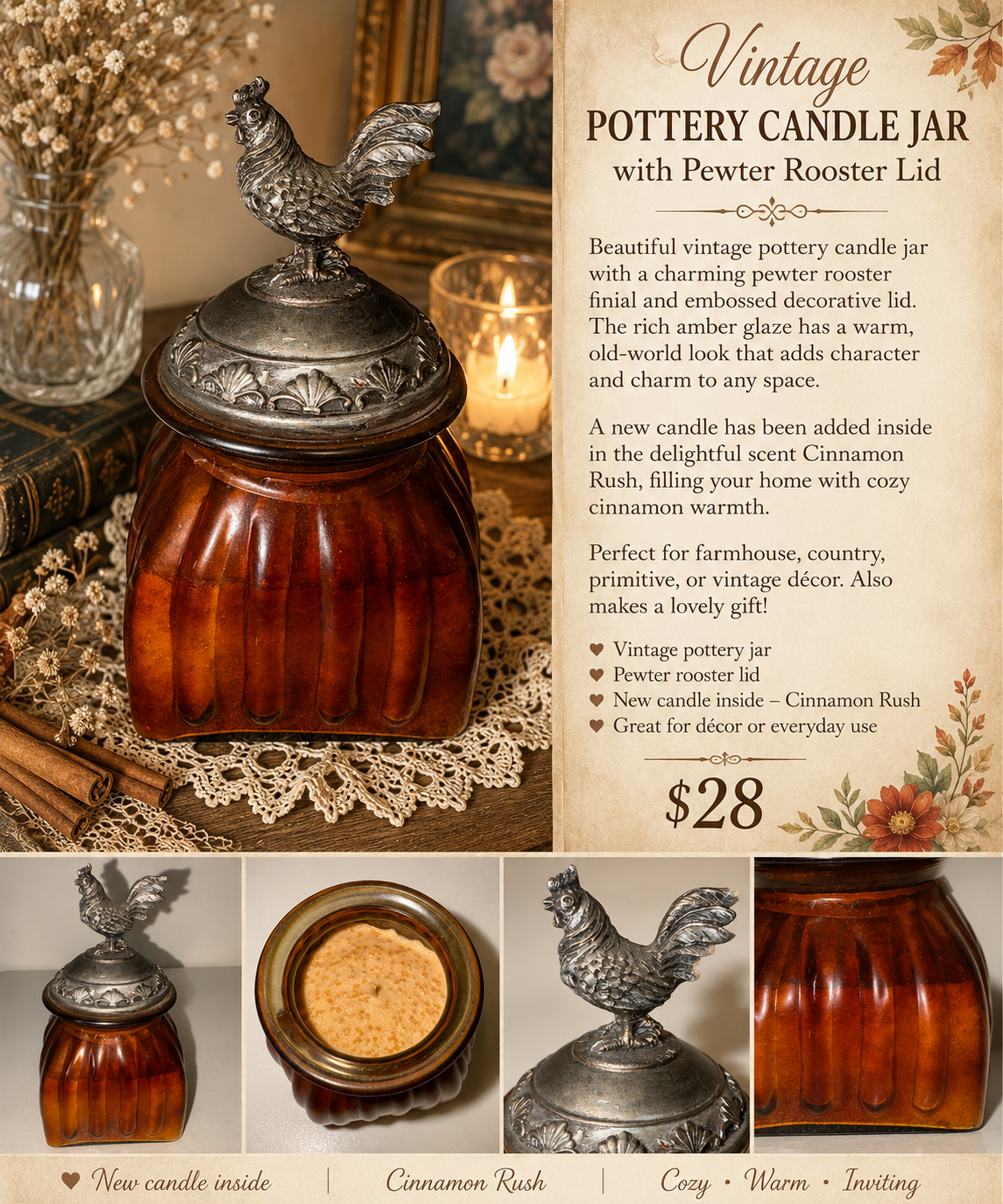 Beautiful Vintage -Style Amber Candle Jar