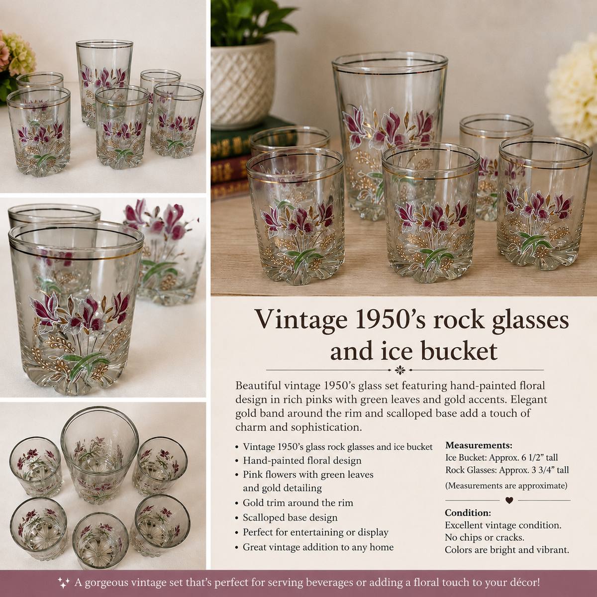 Vintage 1950's Four Rock Glasses & Ice Bucket Pink Iris Floral Set Made in Italy