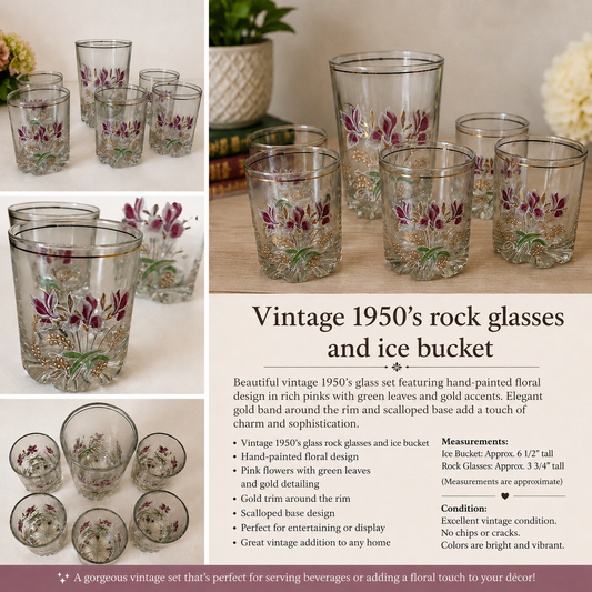 Vintage 1950's Four Rock Glasses & Ice Bucket Pink Iris Floral Set Made in Italy