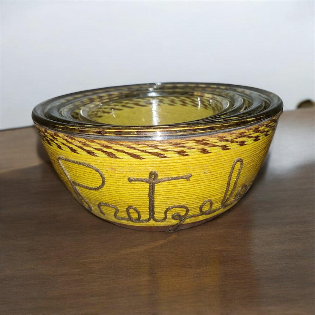 Midcentury Yellow and Brown Twine Rope Nesting Glass Stacking Snack Bowls Set