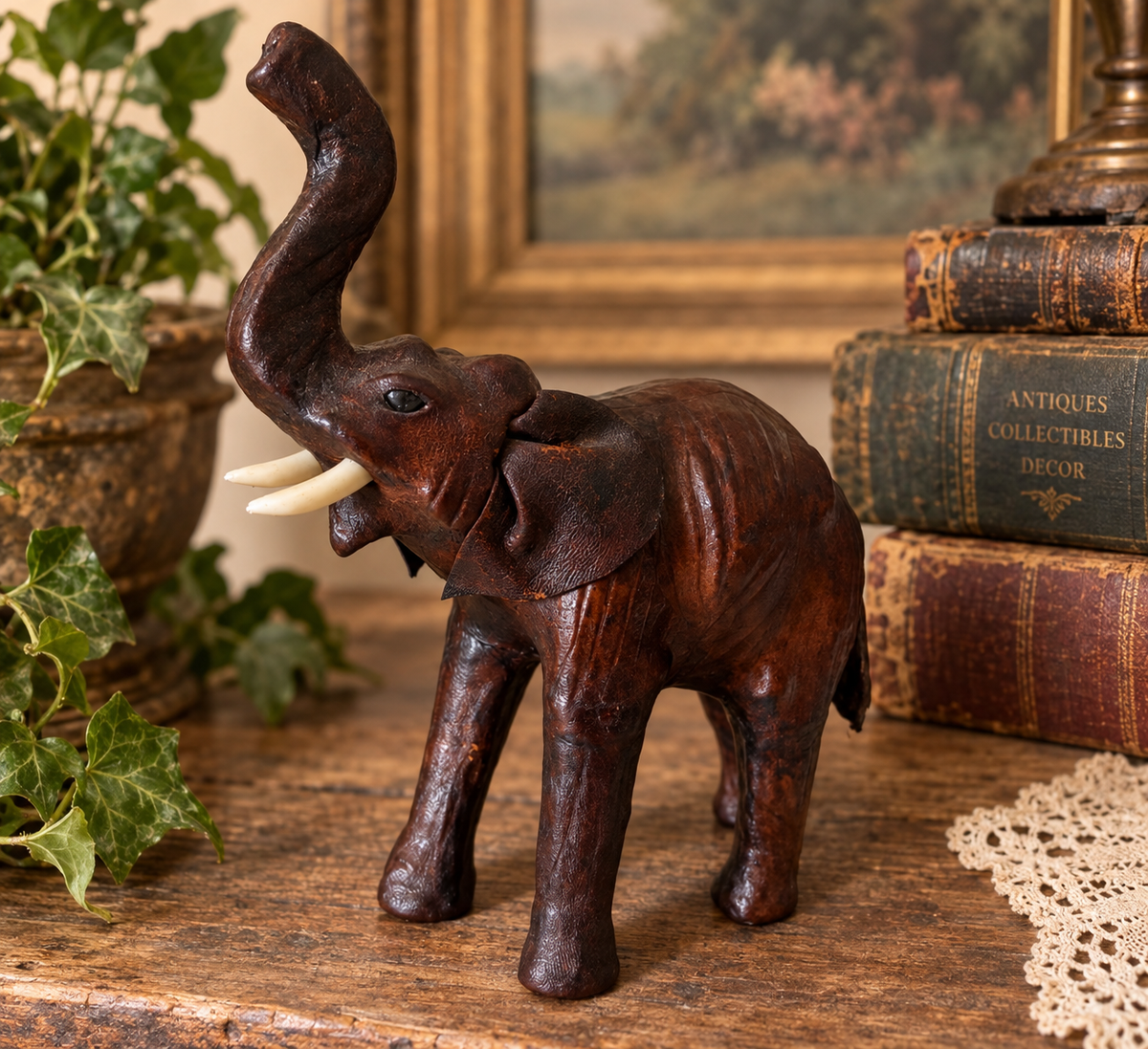 Vintage Leather-Wrapped Elephant Figurine – Approx. 8” Tall