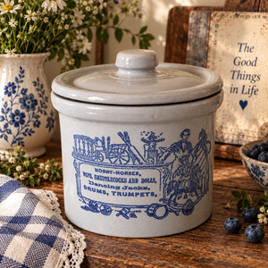 Vintage Blue & White Stoneware Covered Crock – Victorian Toy Motif