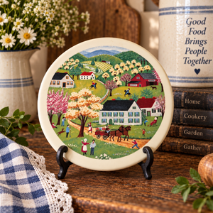 Vintage Country Folk Art Ceramic Trivet – Farm Scene