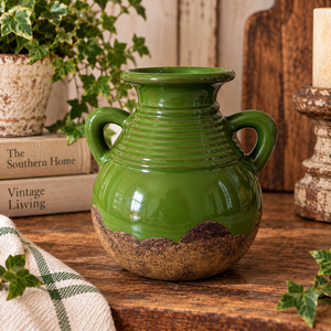 Southern Living at HOME Green Double-Handle Decorative Pottery Vase – 7”