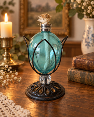 Hand-Blown Aqua Glass Oil Lamp with Metal Stand – Approx. 8”