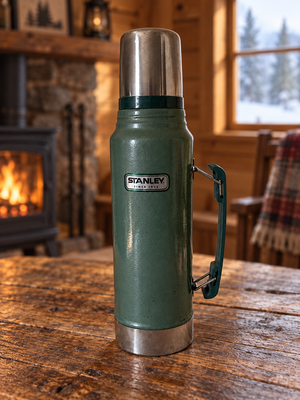 Vintage Stanley Green Hammertone Vacuum Thermos with Cup & Handle