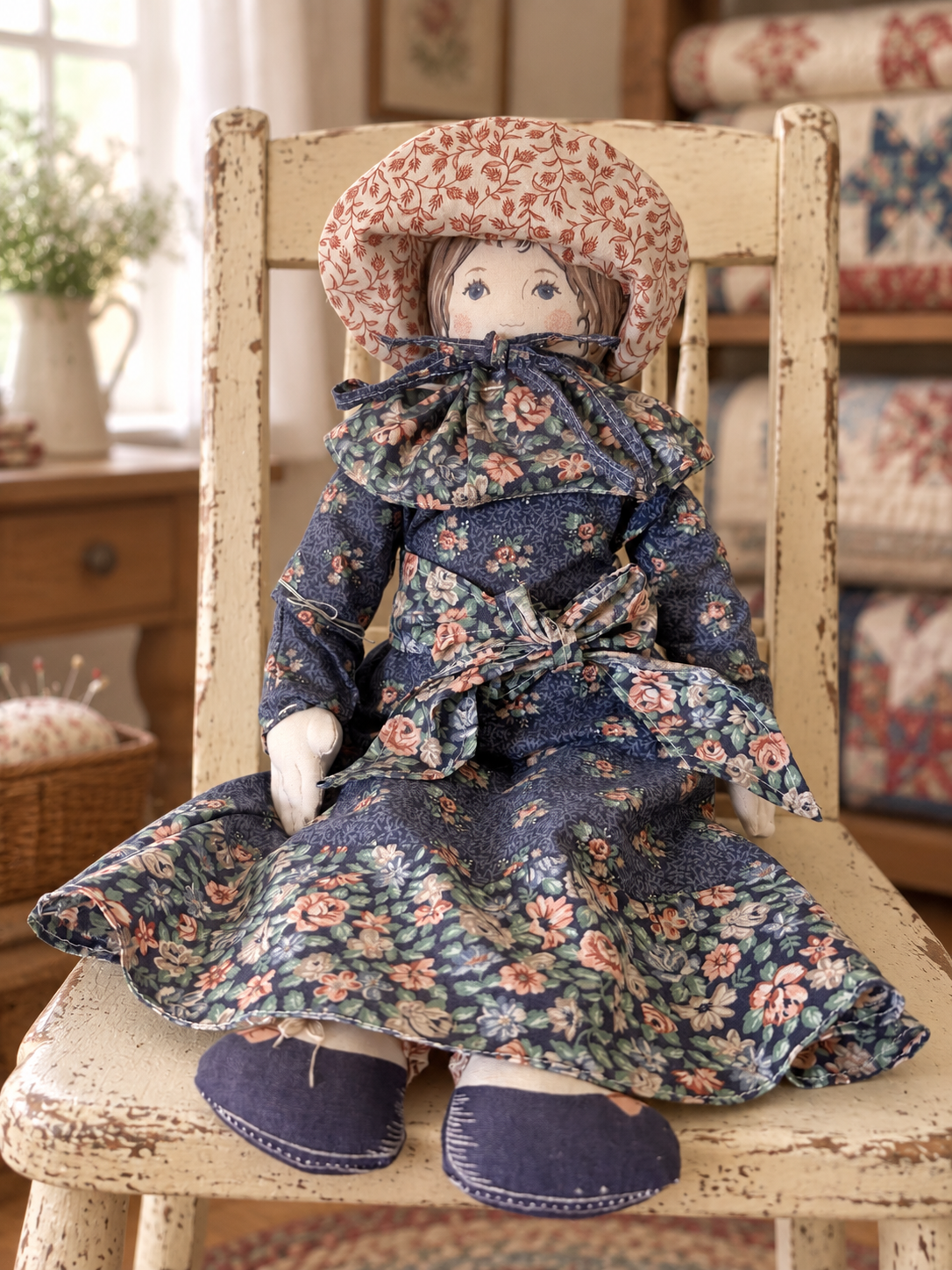 Handmade Country Cloth Doll in Floral Prairie Dress & Bonnet – 15”