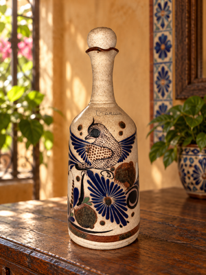 Vintage Mexican Tonala-Style Pottery Decanter with Stopper – Cancún Bird Design