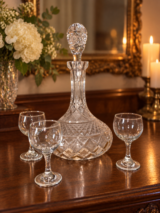 Vintage Cut-Glass Decanter with Stopper & Three Cordial Glasses – 4-Piece Set