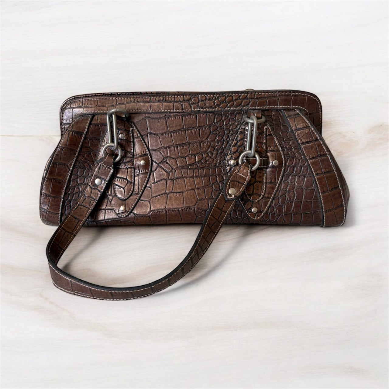 Vintage Y2K Worthington Crocodile Print Satchel Bag Bronze Faux Leather Purse
