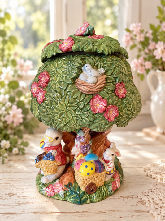 Vintage 1996 Fitz & Floyd Busy Bunnies Tree Cookie Jar – Easter Spring Décor
