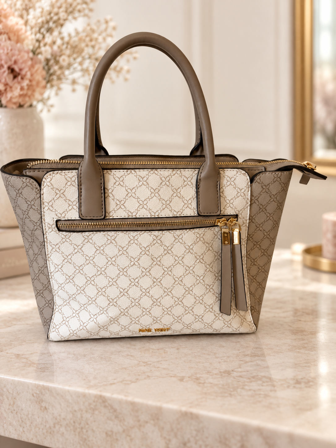 Nine West Cream & Taupe Logo Print Structured Satchel Handbag