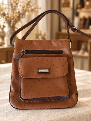 Koltov Cognac Brown Ostrich-Embossed Crossbody Organizer Bag