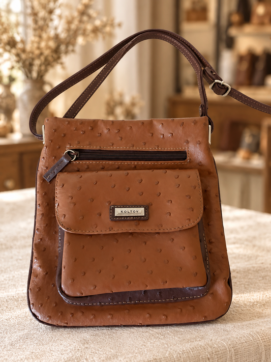 Koltov Cognac Brown Ostrich-Embossed Crossbody Organizer Bag