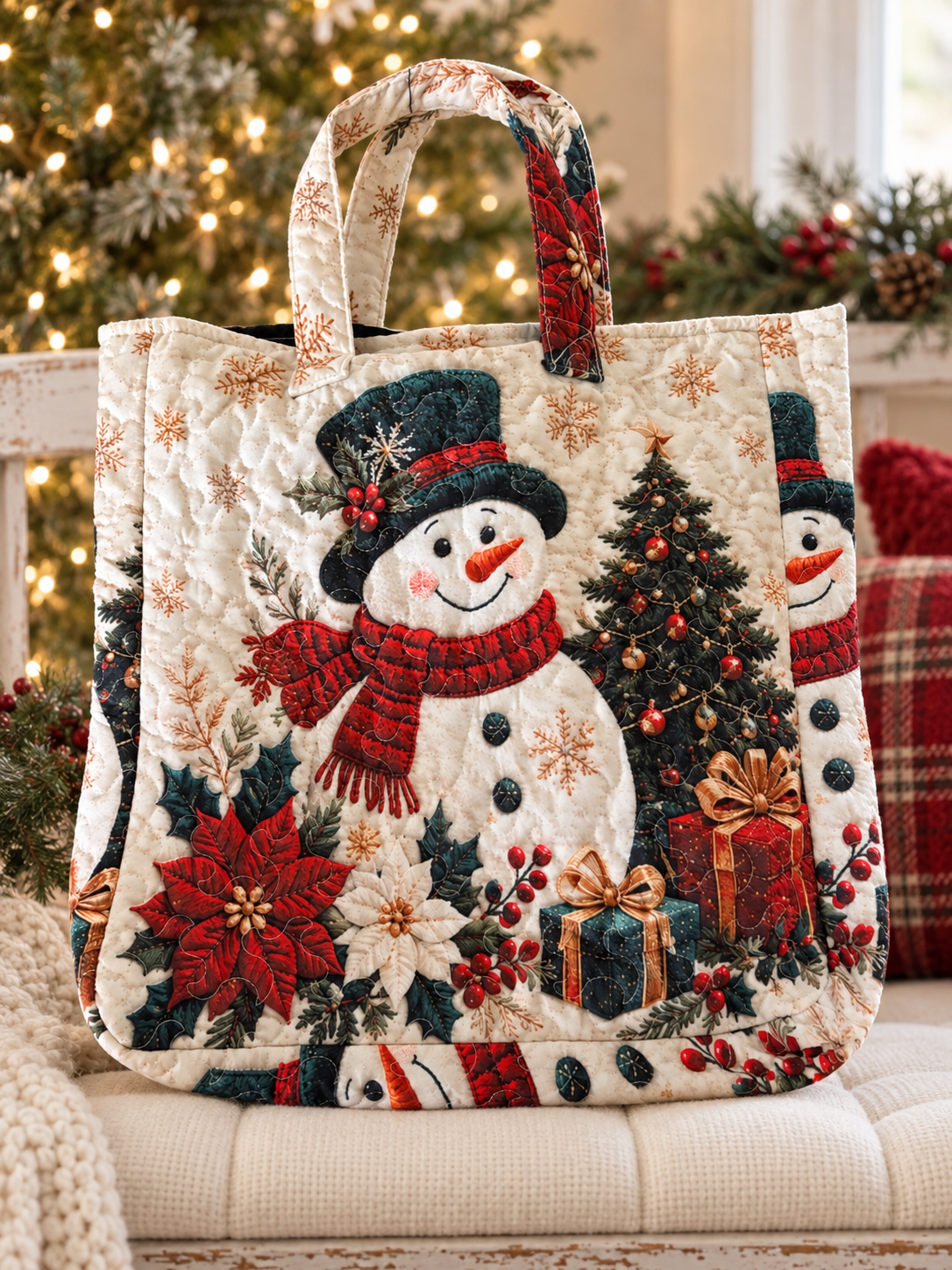 New Large Quilted Christmas Snowman Tote Bag – 21 × 15 Inches