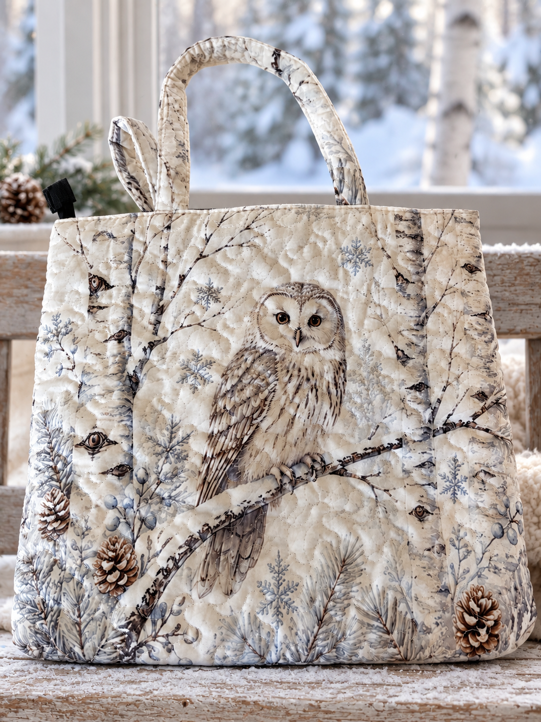 Large Quilted Snowy Owl Winter Tote Bag with Zipper – 20 × 14 Inches