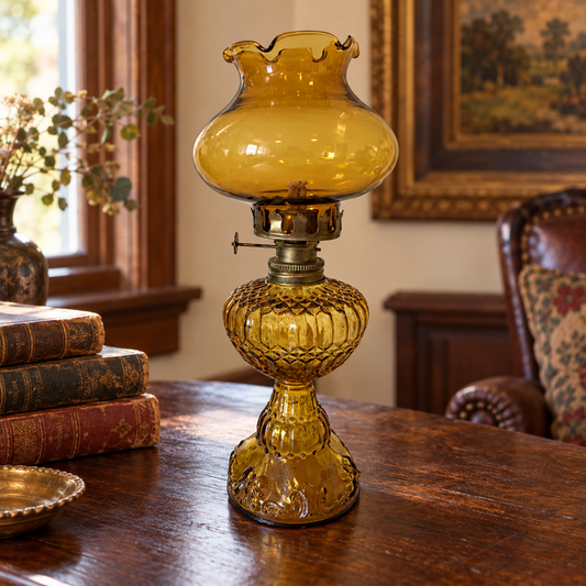 Amber Glass Oil Lamp with Ruffled Shade – Approximately 12 Inches