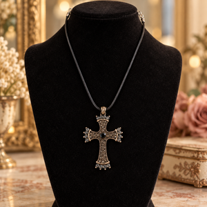 Ornate Cross Pendant Necklace on Black Cord – Adjustable 16 Inches