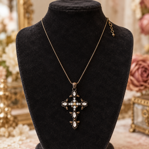 Ornate Cross Pendant Necklace with Clear Accents – Adjustable 16 Inches