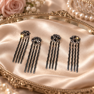 Set of Four Black Crystal Floral Hair Combs gift bag included