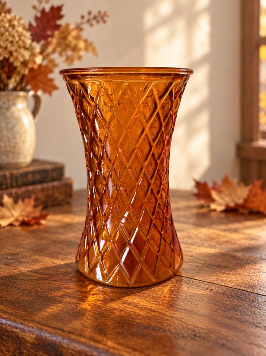 Amber Glass Diamond-Pattern Vase – 8 Inches Tall