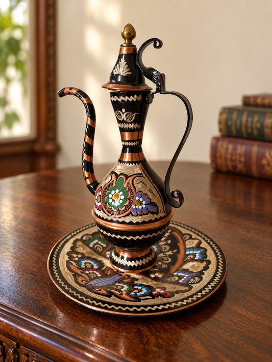 Decorative Copper Pitcher & Matching Floral Plate
