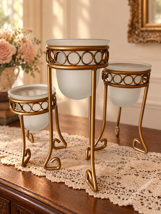 Gold-Tone Metal Candle Holder with Three Frosted Glass Cups