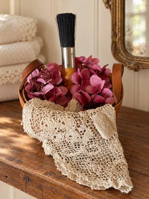 Longaberger Basket with Mauve Flowers, Doily & Vintage Bell System Brush