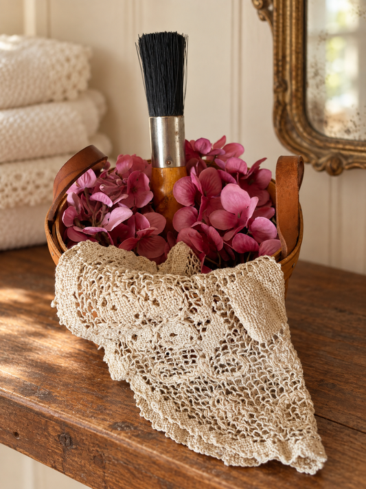 Longaberger Basket with Mauve Flowers, Doily & Vintage Bell System Brush