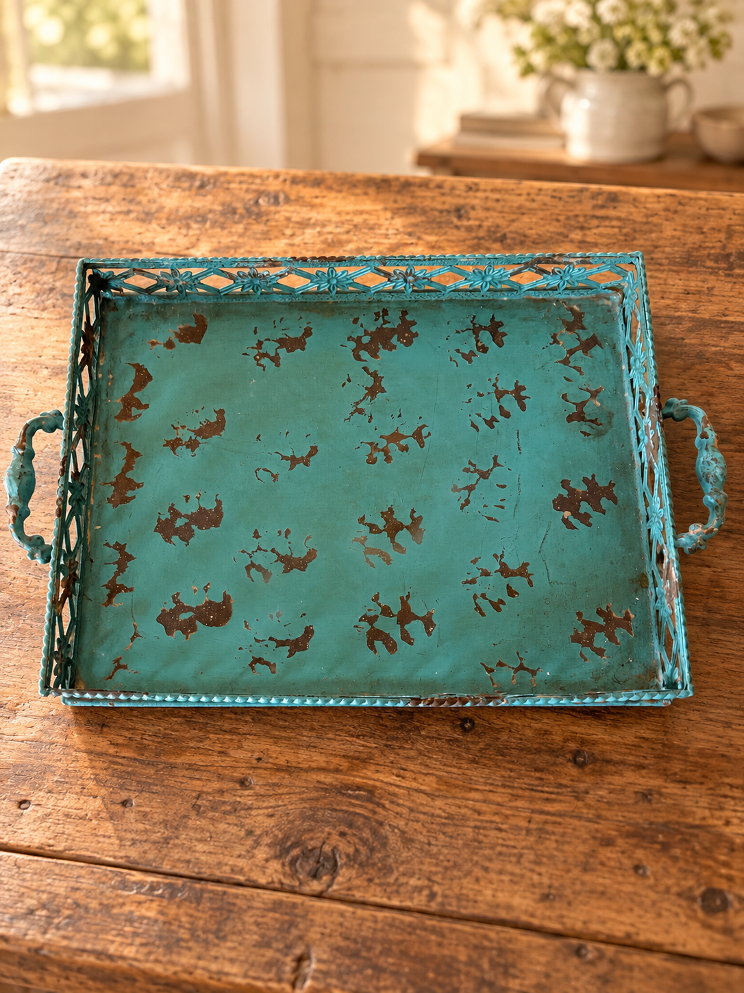 Distressed Turquoise Metal Tray with Ornate Handles – 17 × 11 Inches