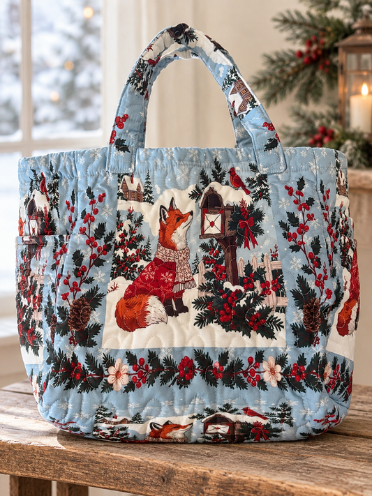 Winter Fox Quilted Tote Bag with Side Pockets – 19 × 16 Inches