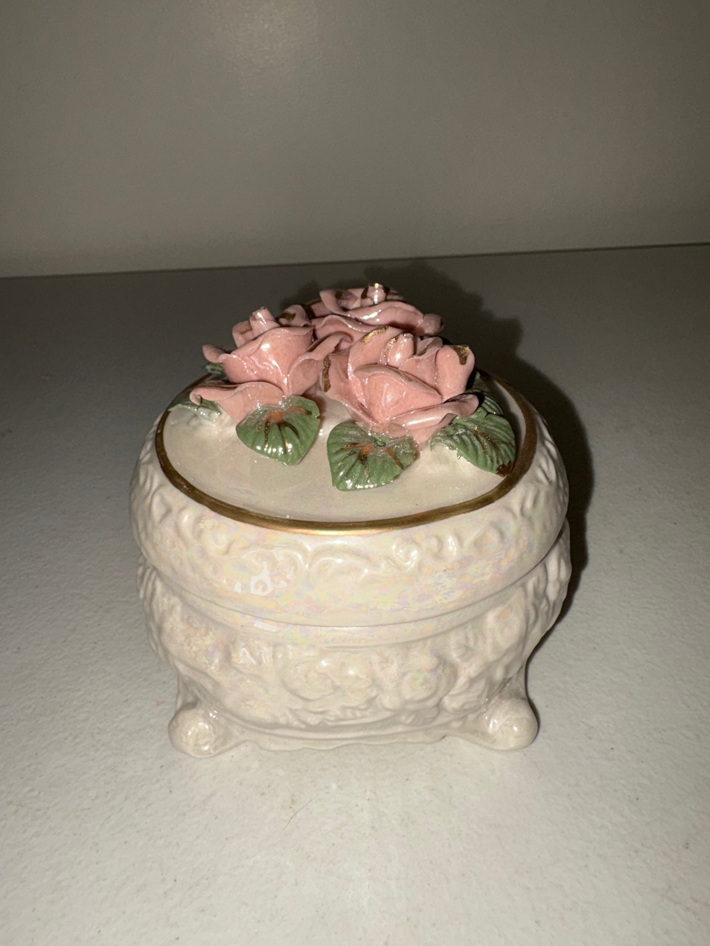 Precious Memories Classic Collection Rose Pearlized Porcelain Round Trinket Box