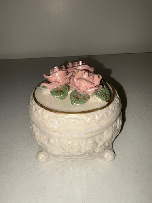 Precious Memories Classic Collection Rose Pearlized Porcelain Round Trinket Box