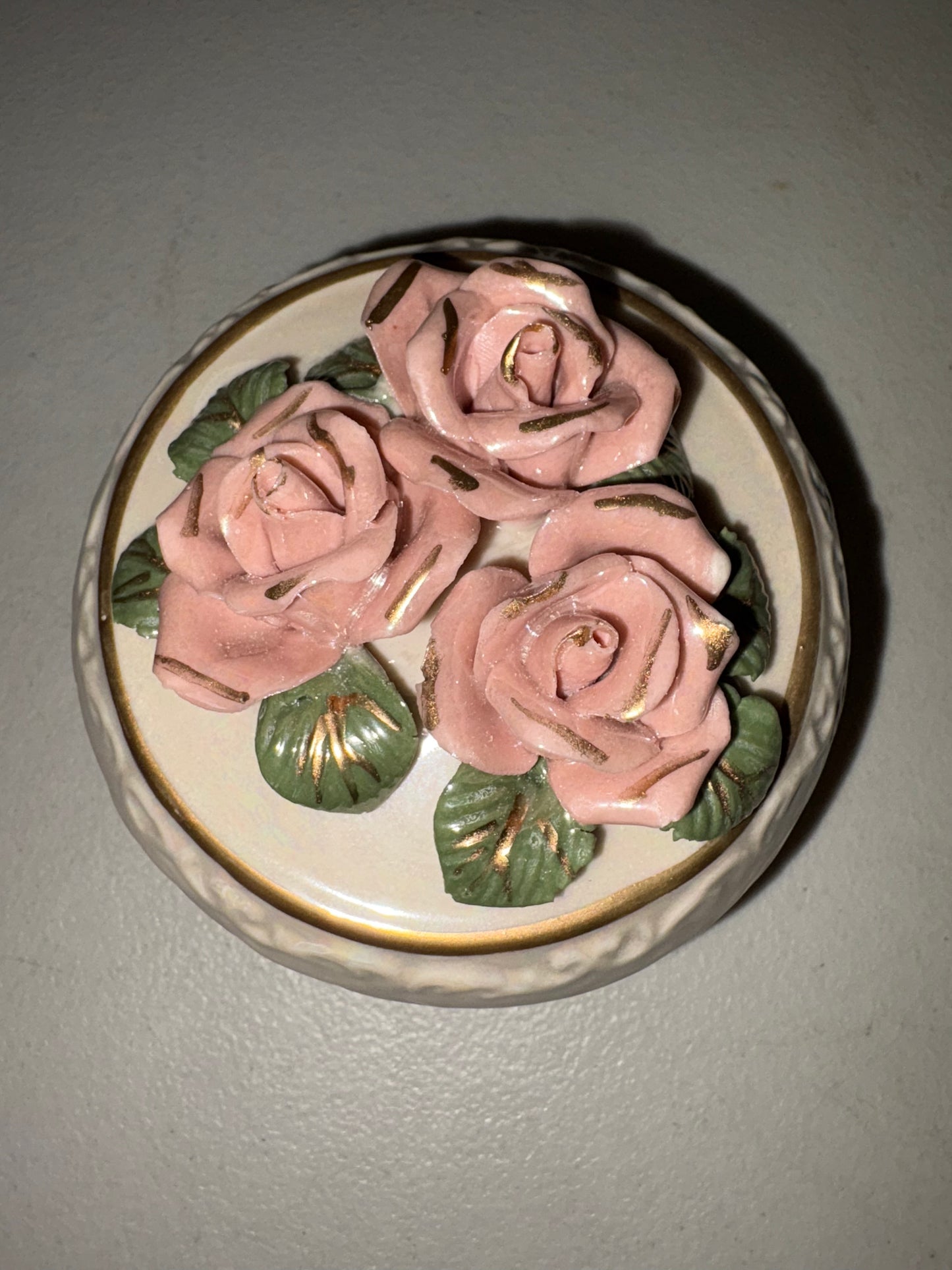 Precious Memories Classic Collection Rose Pearlized Porcelain Round Trinket Box