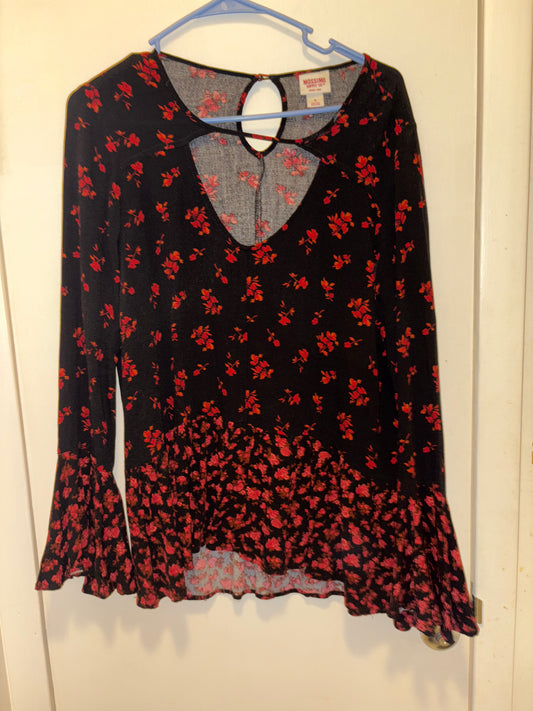 Mossimo Blouse Top Shirt Black Red Roses Floral Ruffled Bell Sleeves Small