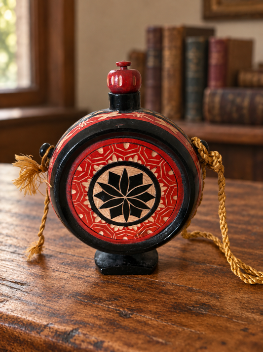Decorative Carved Wooden Flask – Red & Black – 6 Inches
