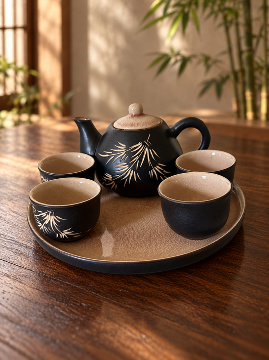 Asian-Style Bamboo Ceramic Tea Set with Matching Tray