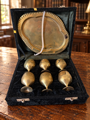 India Brass Goblet & Tray Set in Velvet-Lined Case