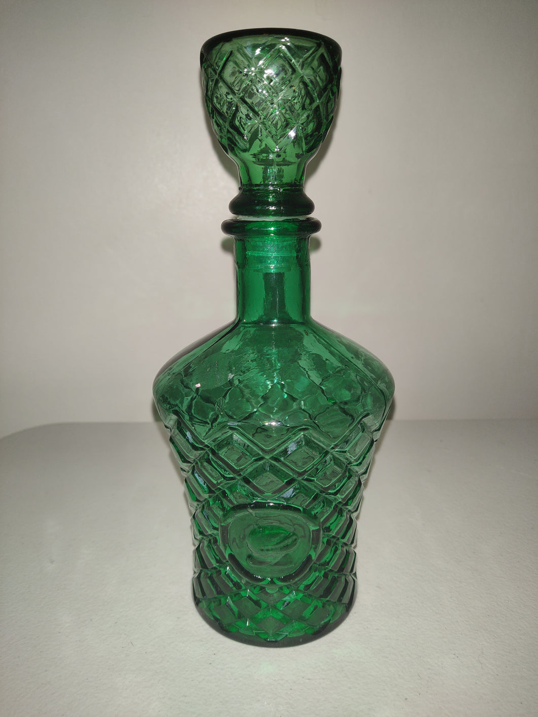 Vintage Diamond Cut Emerald Green Glass Decanter