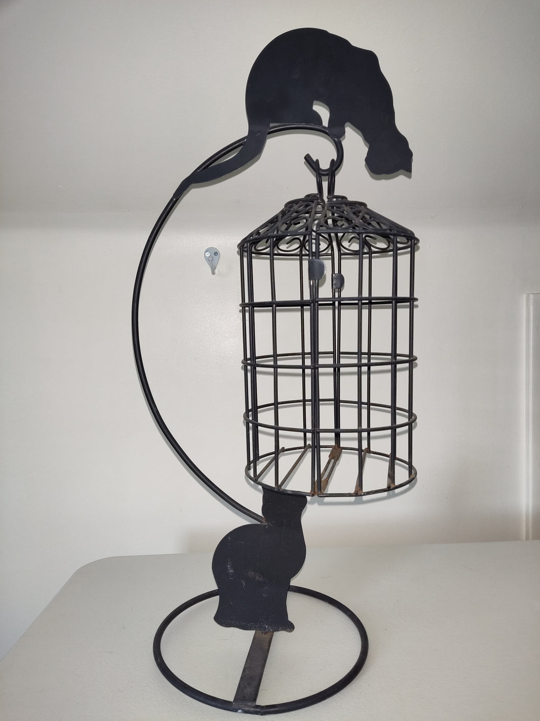 Vintage Black Metal Sculpture Cats And Birdcage